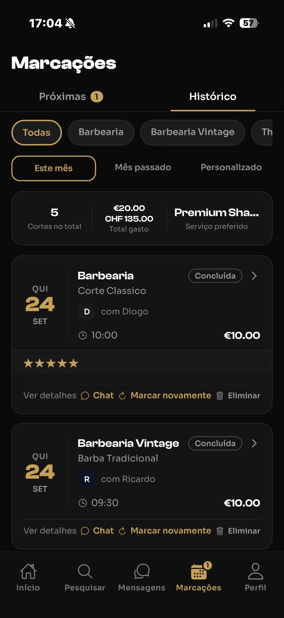 Histórico de marcações de um cliente na app Fadegram