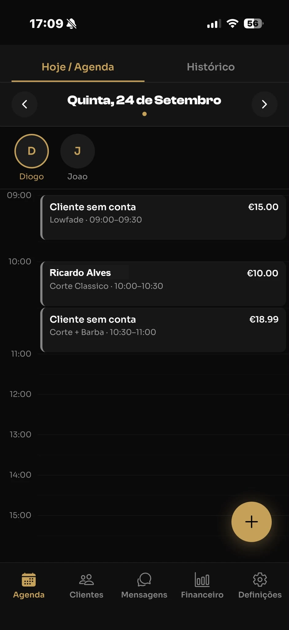 Agenda do dia de uma barbearia na app Fadegram Pro