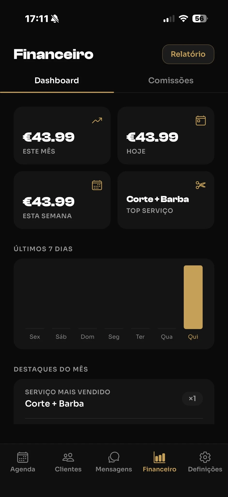 Dashboard financeiro de uma barbearia na app Fadegram Pro