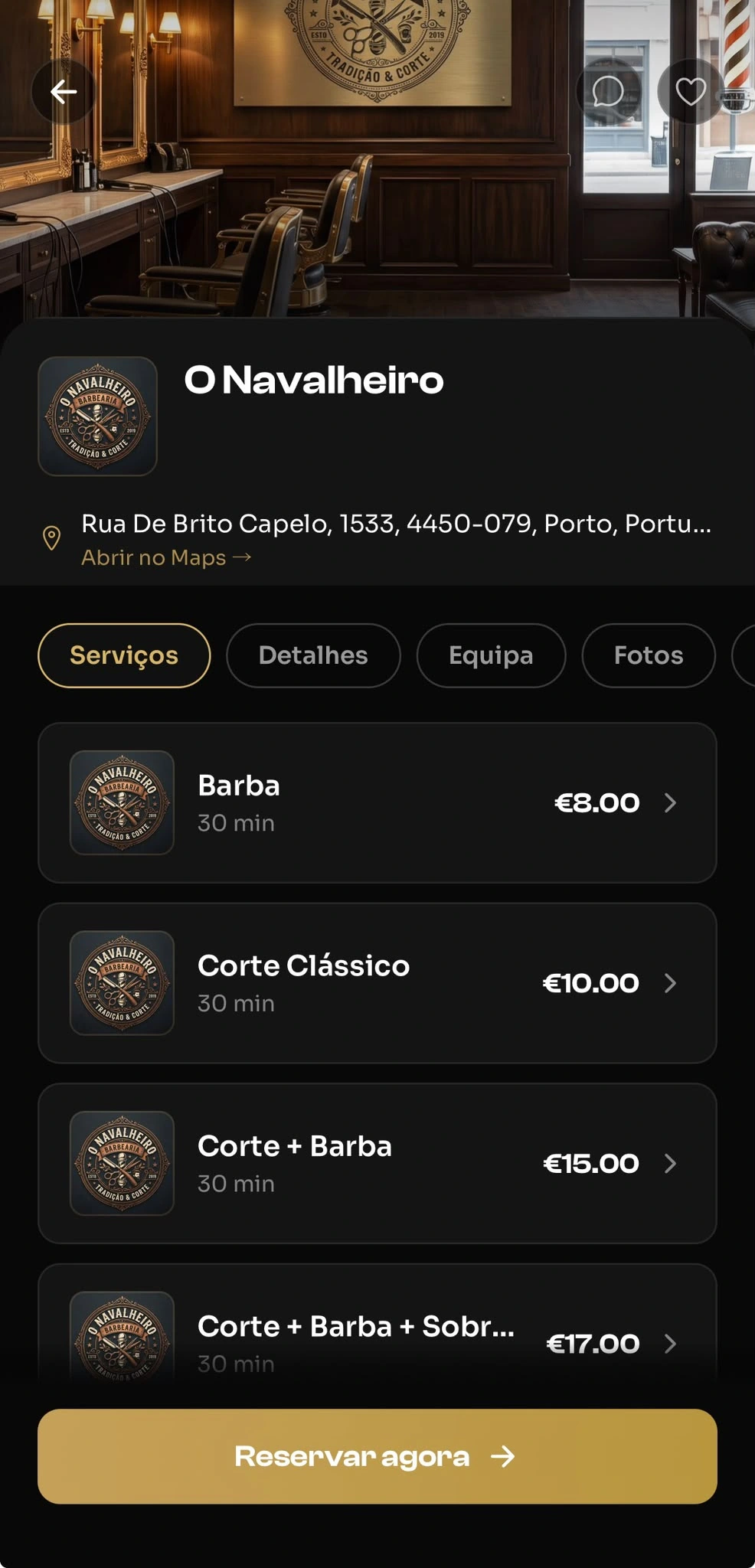 Perfil da barbearia com serviços e preços