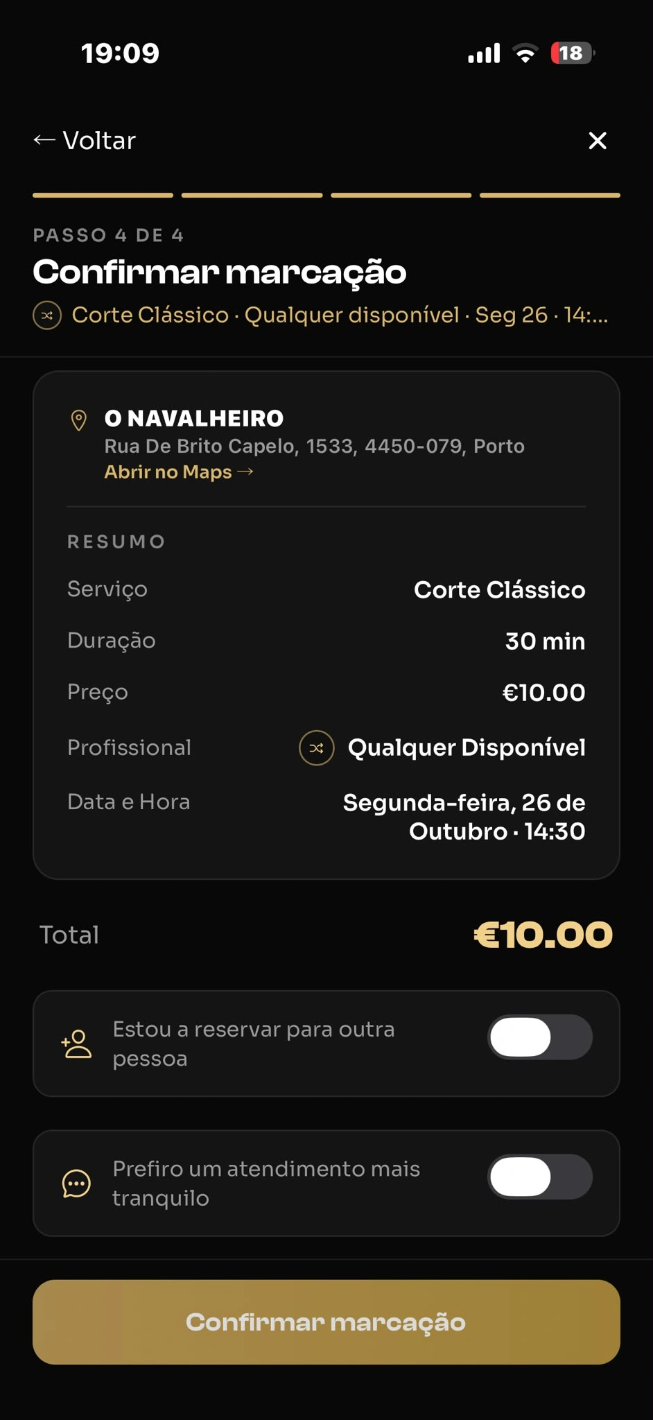 Resumo e confirmação da marcação