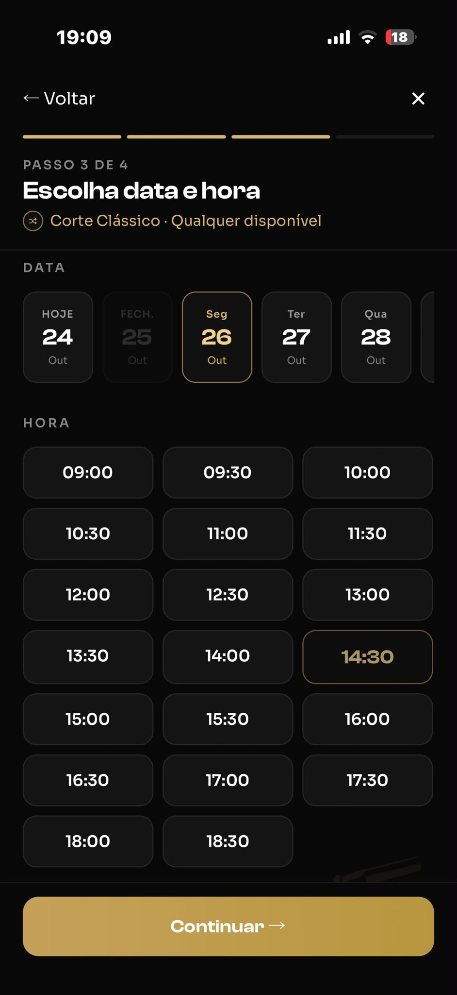 Escolha da data e hora da marcação