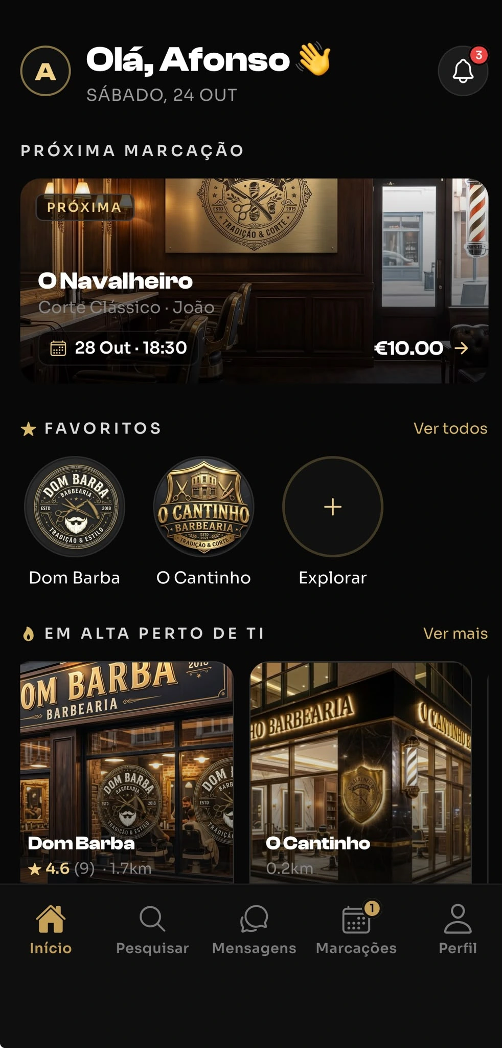 Início da Fadegram com próxima marcação, favoritos e Em Alta perto de ti