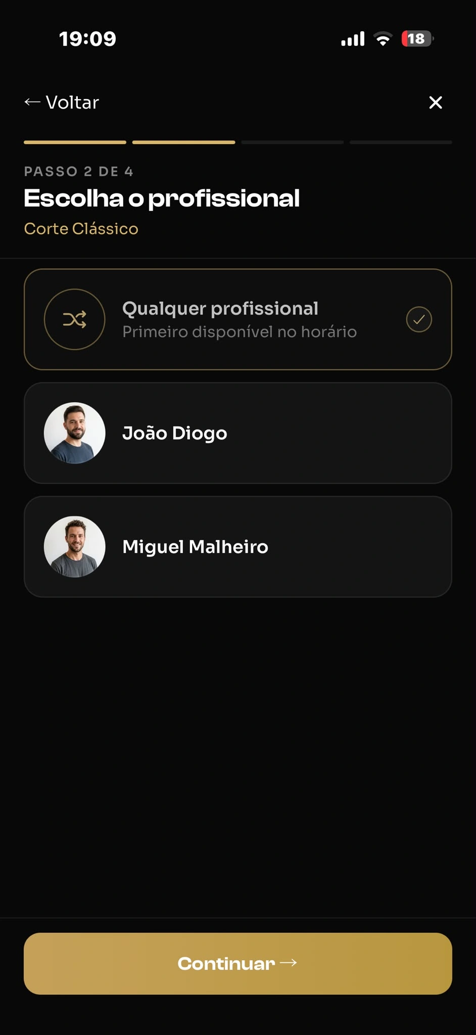 Escolha do profissional para a marcação