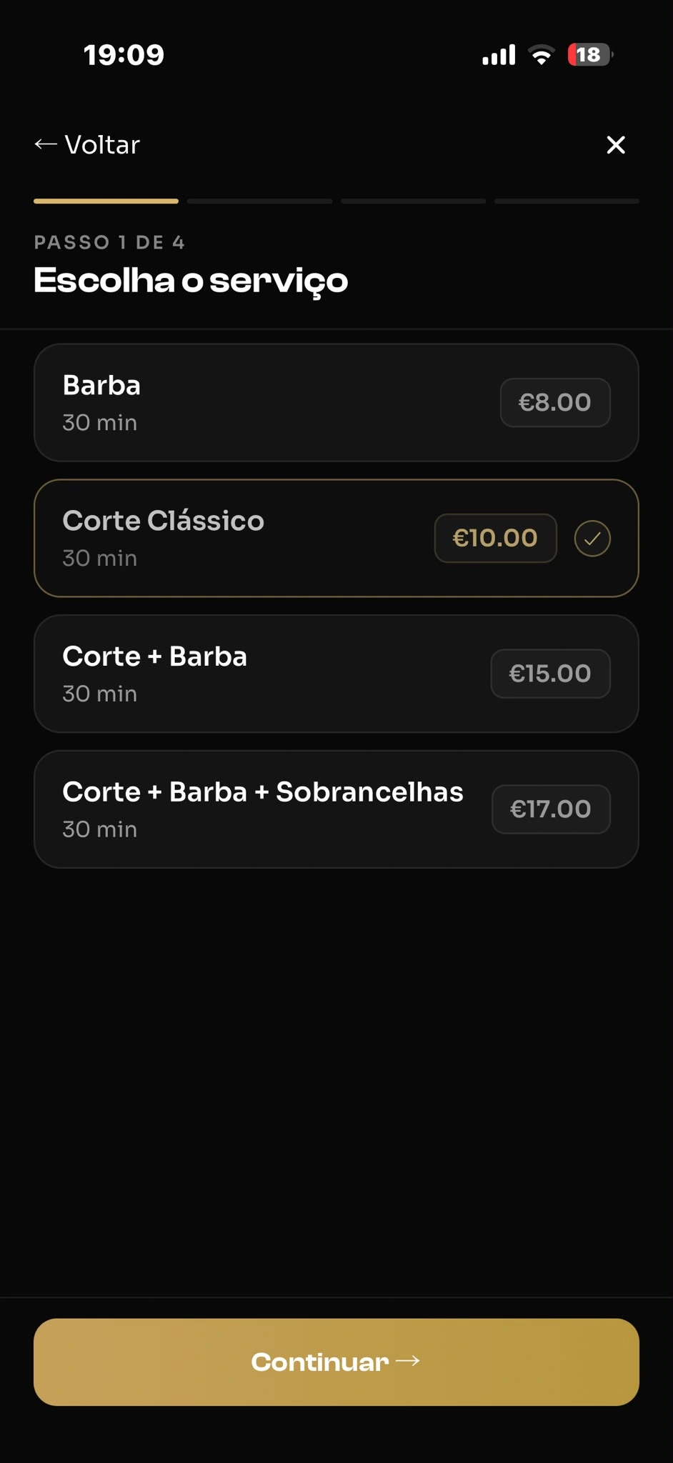 Escolha do serviço para a marcação