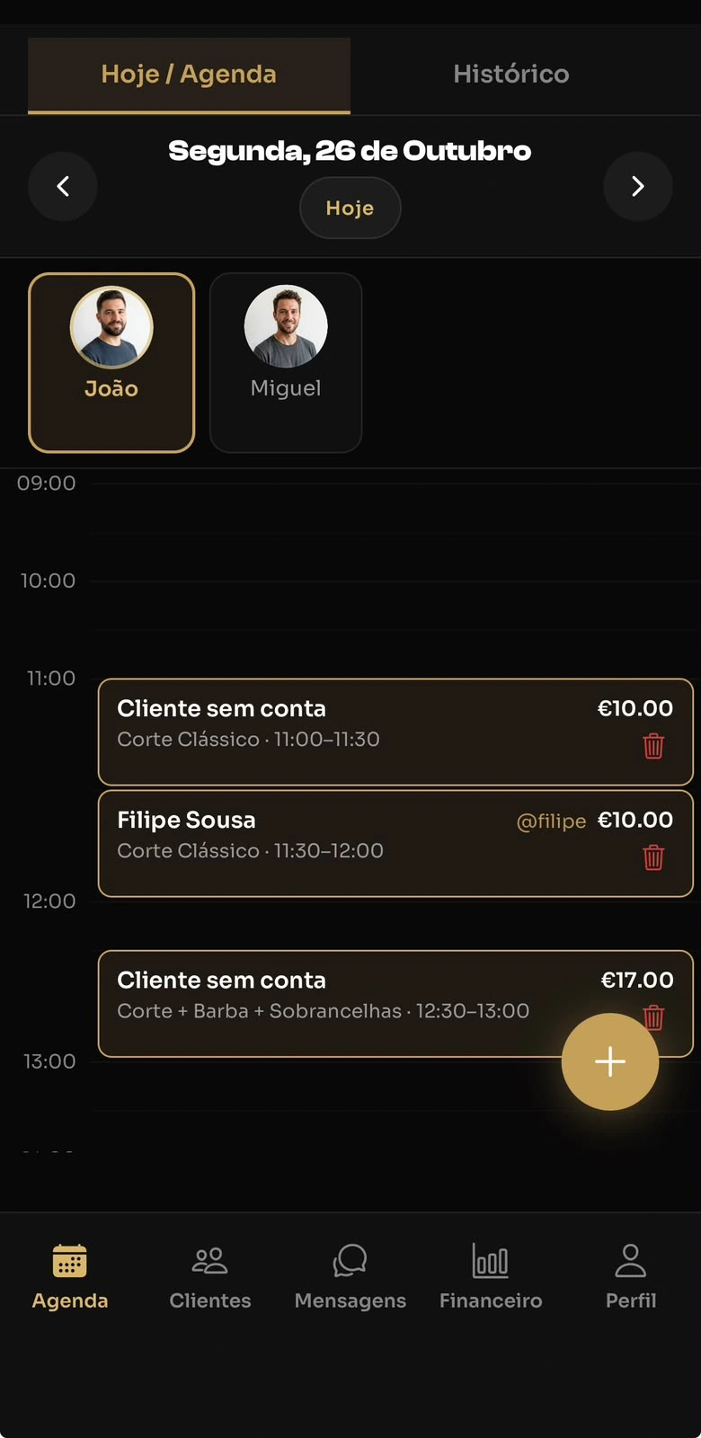 Agenda da Fadegram Pro com seleção de profissional e marcações