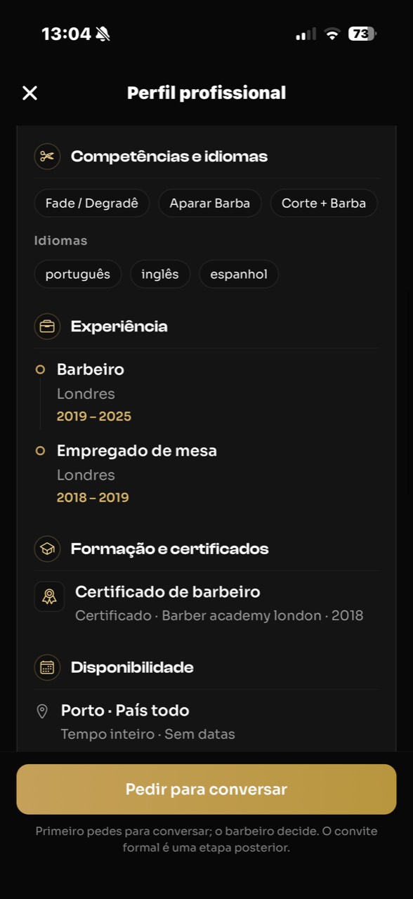 Experiência, idiomas, formação, certificados e disponibilidade do barbeiro