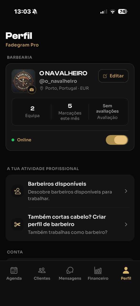 Perfil da barbearia com acesso a barbeiros disponíveis e criação de perfil de barbeiro