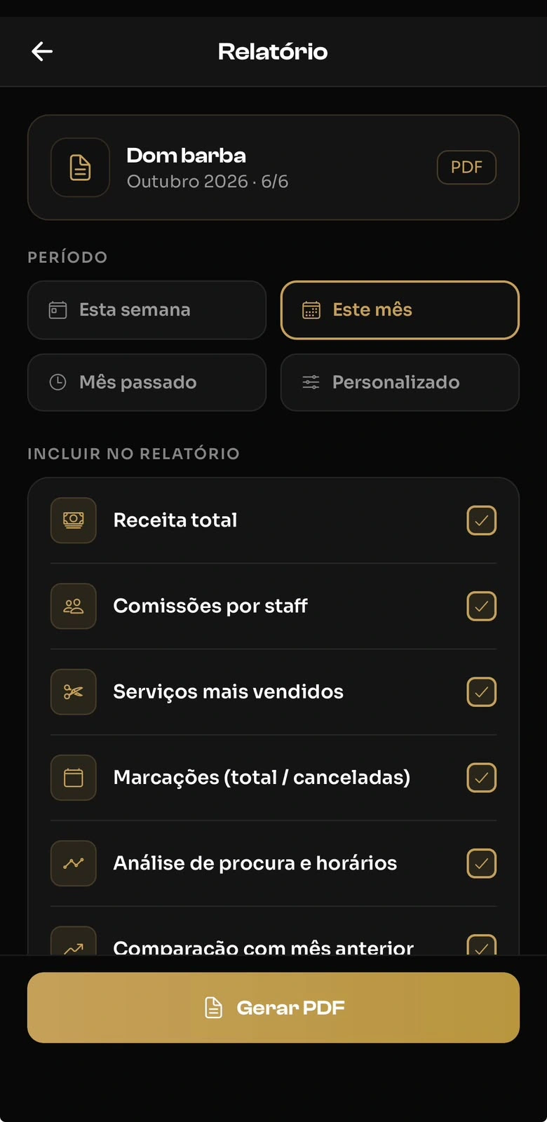 Seleção de período e dados para gerar um relatório PDF